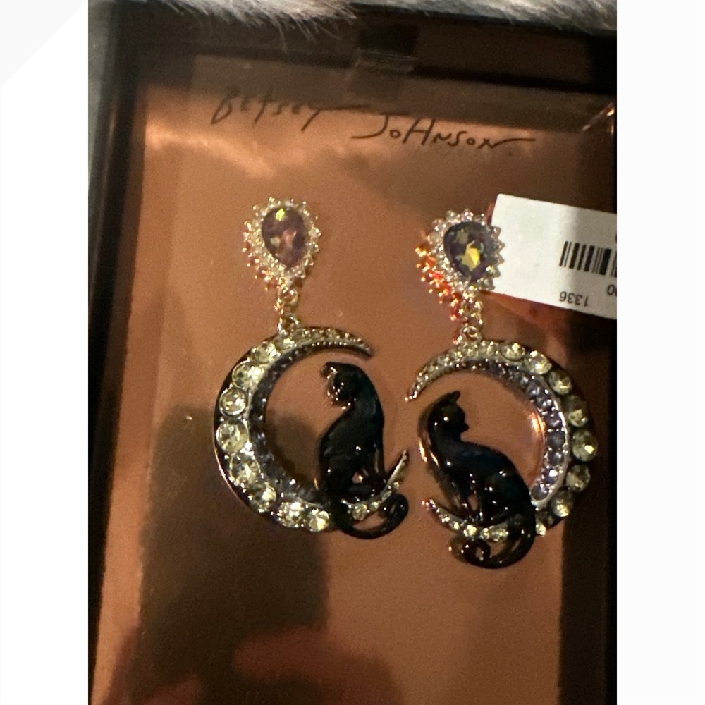 Betsey Johnson Black Cat Crescent Moon Crystal Drop Earrings Halloween NIB
